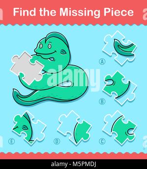 Vector illustration enfants jeu de casse-tête éducatif avec pièce manquante d'un mignon petit sourire vert serpent de mer ou de l'anguille avec cinq choix pour partir à la ch Illustration de Vecteur