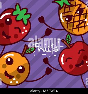 Kawaii smiling cartoon fruits poster Illustration de Vecteur