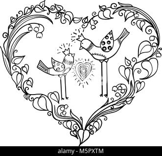 Deux oiseaux avec amour coeur ornement floral. L'amour d'impression monochrome EPS 10. Vector illustration. Illustration de Vecteur