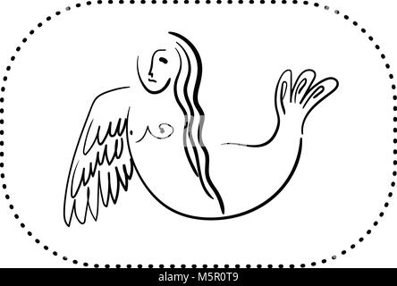 Oiseau mythologique sirin mi-femme mi-oiseau en contour noir sur fond blanc Illustration de Vecteur