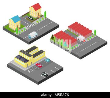 Maison isométrique. Deux maisons dans la même rue. Bâtiment isométrique avec panneau solaire. L'usine avec des réservoirs de stockage, garages, entrepôts. illustration Illustration de Vecteur