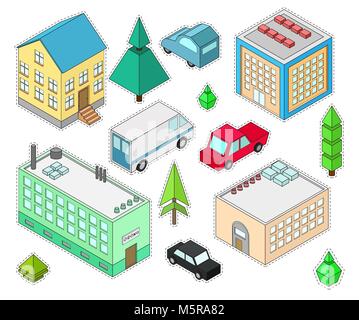 Ensemble d'autocollants différents bâtiments isométriques. Voiture, buissons verts, arbre. Vector illustration style isométrique. Illustration de Vecteur