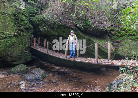 Un homme debout sur un pont suspendu en bois sur un ruisseau de Dismals Canyon. Banque D'Images