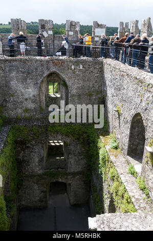 Une longue file de visiteurs regarder une des visiteurs établir avec l'aide d'un membre du personnel du château de la baiser la pierre de Blarney en haut de Banque D'Images