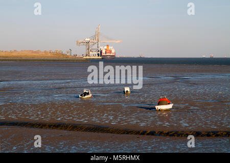 L'estuaire de la Tamise et le DP World London Gateway terminal à conteneurs en eau profonde vu de l'Thurrock Thameside Nature Park dans l'Essex. Banque D'Images