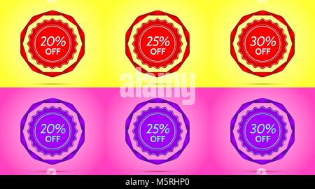 Set de badges Vente rouge et violet. Badge de vecteur avec offre de remise de 20  % sur 2530, entouré de ruban froissé, sur le jaune et rose Retour Illustration de Vecteur