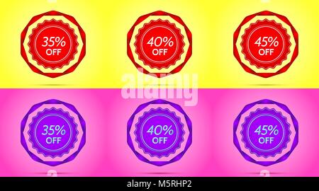 Set de badges Vente rouge et violet. Badge de vecteur avec offre de remise 35 40 45  % de remise, entouré de ruban froissé, sur le jaune et rose Retour Illustration de Vecteur