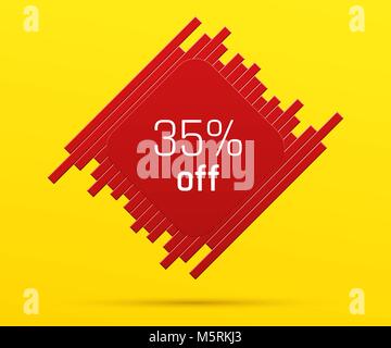 Vente bannière avec 35 pour cent. Offre de prix sur la figure composée de barres avec une couleur rouge métallique, sur le fond jaune Illustration de Vecteur