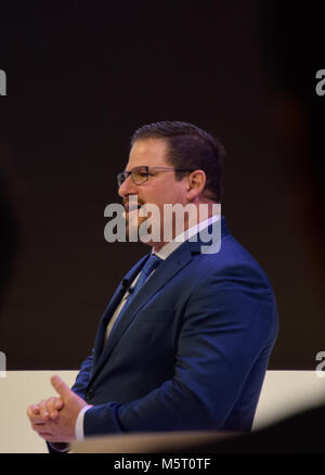 Barcelone, Espagne, du 26 février 2018. Cristiano Amon, Président de Qualcomm Incorporated, parlant du chipsets Snapdragon utilisée dans les nouveaux téléphones Xperia. Credit : Jovana Kuzmanović/Alamy Live News Banque D'Images