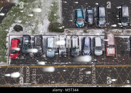 Londres, Royaume-Uni. Feb 26, 2018. Météo France : Blizzard de neige dans un parc automobile du sud-est de Londres au cours de la récente baisse de la température de congélation surnommé 'la bête de l'Est' réunissant les conditions de l'Arctique à la ville. Des températures de -5 °C ont été enregistrées pendant la nuit dans certaines zones rurales, le plus froid de marquage avant mars sort depuis 1986. Crédit : Guy Josse/Alamy Live News Banque D'Images