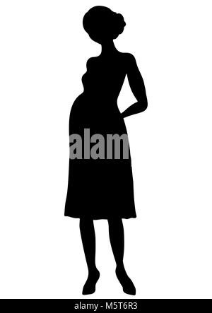 Silhouette de femme enceinte, vecteur silhouette, la forme future fille avec un gros ventre pleine longueur, contour noir et blanc portrait future maman je Illustration de Vecteur