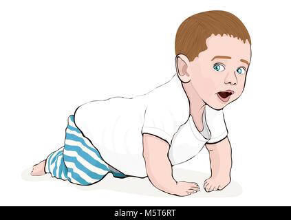 Bébé rampant vector dessin à la main. Colored cartoon photo petit enfant se traîne sur les genoux, appelée portrait cute kid en pleine longueur pantalon bleu à rayures Illustration de Vecteur