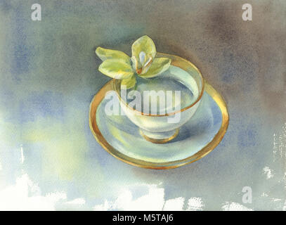 Une tasse en porcelaine avec orchidée fleur aquarelle Banque D'Images