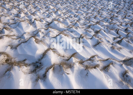 Matin d'hiver enneigé dans les collines du Peak District. Neige emportée sur buttes d'herbe des Landes. Banque D'Images