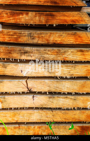 Des piles de bois d'assaisonnement dans le soleil prêt à l'utilisation dans des bâtiments historiques et des projets. Banque D'Images