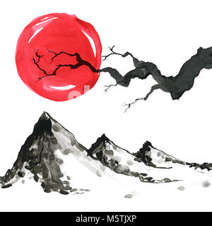 Montagnes dans le style japonais. Peinture à la main à l'Aquarelle illustration Banque D'Images