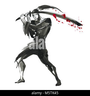 Silhouette samouraï. Style Chinois. Peinture à la main à l'Aquarelle illustration Banque D'Images