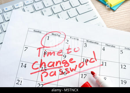 Calendrier avec mots de temps pour changer de mot de passe. La gestion des mots de passe. Banque D'Images