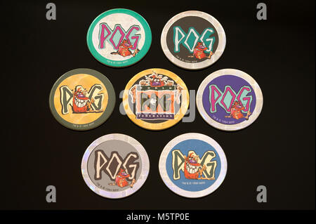 Pogs (lait pac) de collection qui était un jeu pour enfants dans les années 1990 Banque D'Images