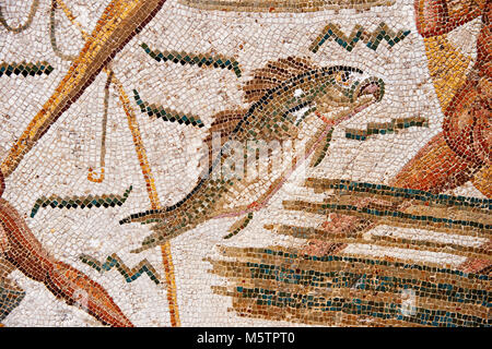 Détail d'un poisson à partir d'une mosaïque romaine représentant les pêcheurs de la province romaine d'Afrique du nord de l'africain . Inv 2384, Musée du Bardo, Tunis, Tunisie. Banque D'Images