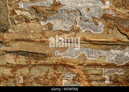 Close-up un mur de roux-brun ardoise de montagne en couches avec des taches irrégulières. Banque D'Images