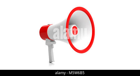 Megaphone mégaphone, blanc avec des détails rouges pour l'annonce publique isolé sur fond blanc. Close up Vue de face. 3d illustration Banque D'Images