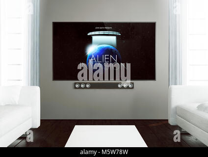 Le rendu 3D de la télévision avec films à l'écran sur un salon en bois Banque D'Images
