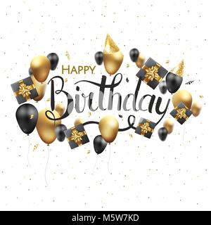 Joyeux anniversaire typographie design vectoriel pour les cartes de vœux et d'affiches avec ballon, confetti et boîte-cadeau. Illustration de Vecteur