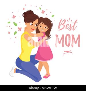 Vector cartoon style illustration de happy mother and daughter. La fête des mères modèle de carte de vœux sur fond blanc. Meilleure maman texte. Illustration de Vecteur