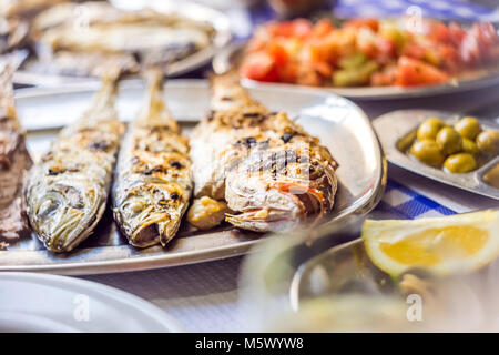 Fête du poisson : loup de mer, Golden, chinchard accompagné de salade de tomates, des olives vertes et du vin blanc, Portugal Banque D'Images