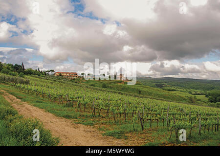 Vignes et collines avec villa en haut dans la campagne toscane, une région traditionnelle et dans le centre de la péninsule italienne. Banque D'Images