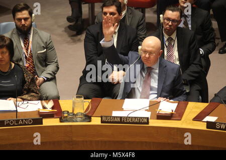 Nations Unies, New York, USA. Feb 26, 2018. L'ambassadeur de Russie Vassily Nebenzia jette le veto à UK-rédigé le Yémen résolution condamnant l'Iran de sanctions au Conseil de sécurité des Nations Unies. Photo : Matthew Russell Lee / Inner City Press Banque D'Images