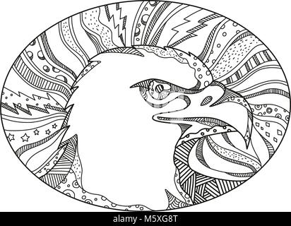 Illustration de l'art Doodle chef de pygargue à tête blanche ou l'aigle de mer, oiseau de proie trouvés en Amérique du Nord situé à l'intérieur Vue de côté en noir et blanc ovale fait en m Illustration de Vecteur