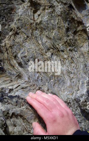 L'Ardoise falaises de la côte nord des Cornouailles à Baie de Holywell. Les affleurements géologiques, sur la plage rocheuse, au Royaume-Uni. Banque D'Images