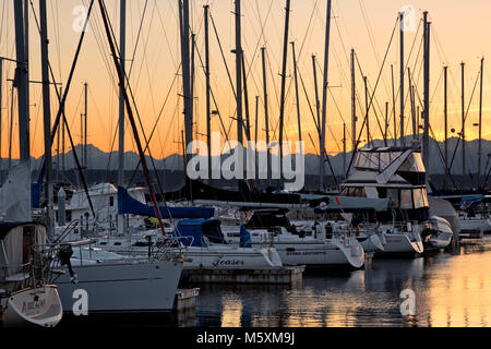 WASHINGTON - Une forêt de masques comme les couchers de soleil sur les montagnes olympiques comme les couchers de soleil sur Seattle's Shilshole Bay Marina. Banque D'Images