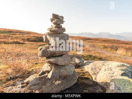 Grande cheminée de pierres irrégulières naturel équilibre l'une sur l'autre dans la prairie ouverte dans un pays de l'art conceptuel du paysage de l'empilement de pierre Banque D'Images