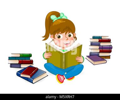 Happy girl reading book 1. Fille avec réserve en mains sur un fond blanc. Girl reading a book. Fille assise entre les livres. Illustration de Vecteur