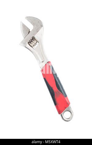 Clé ajustable avec poignée rouge isolé sur fond blanc. Chemin enregistré. L'équipement de construction. Banque D'Images