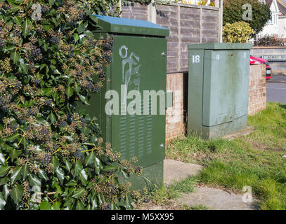 Paire de British Telecom armoires téléphone vert sur un coin de rue en Angleterre, Royaume-Uni. Banque D'Images