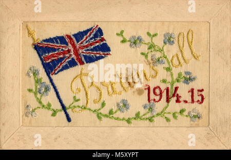 AJAXNETPHOTO. 1914-1918. WW1. - Une lettre brodée en soie REPRÉSENTANT LA CARTE AVEC LA MENTION 'TOUS' AVEC LES BRITANNIQUES 1914-15 UN ARRANGEMENT DE FLEURS ET DE L'UNION EUROPÉENNE DRAPEAU DE Grande-bretagne contenues à l'intérieur d'une bordure en relief DU TYPE ENVOYÉ PAR LES SOLDATS DÉPLOYÉS SUR LE FRONT DE L'OUEST À DES PARENTS AU Royaume-uni PHOTO:AJAX VINTAGE PHOTO LIBRARY REF:182602 13 Banque D'Images