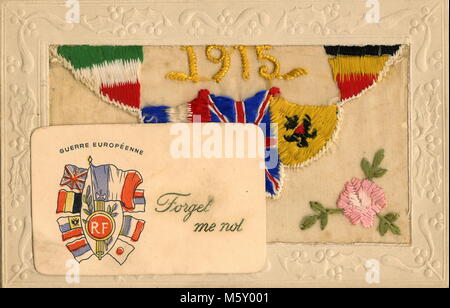 AJAXNETPHOTO. 1914-1918. WW1. - Une petite carte EN COULEUR AVEC LE MESSAGE 'Forget me not' DU TYPE SOUVENT INSÉRÉS DANS UNE LETTRE BRODÉE EN SOIE DE LA CARTE TYPE ENVOYÉ PAR LES SOLDATS DÉPLOYÉS SUR LE FRONT DE L'OUEST À DES PARENTS AU Royaume-uni PHOTO:AJAX VINTAGE PHOTO LIBRARY REF:182602 19 Banque D'Images