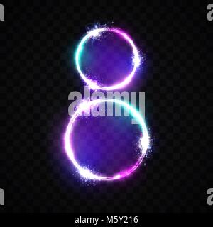 Deux cercles lumineux néon. Bannière lumineuse sur fond transparent. Décoration pour la journée internationale des femmes 8 mars 8. Carte de souhaits pour la journée des femmes. La lumière flash vector illustration en couleur. Illustration de Vecteur