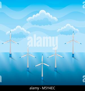 Éoliennes sur une mer d'énergie renouvelable Illustration de Vecteur