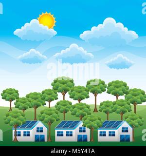 Énergie propre - panneau solaire maisons et forêt sun cloud Illustration de Vecteur