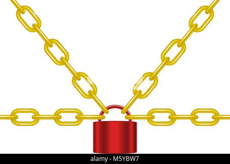 Les chaînes d'or verrouillé par cadenas dans la conception rouge sur fond blanc Illustration de Vecteur