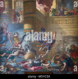 La fresque d'Eugène Delacroix d'Heliodorus chassé du Temple dans la Chapelle des anges gardiens de l'église Saint-Sulpice à Paris, France Banque D'Images