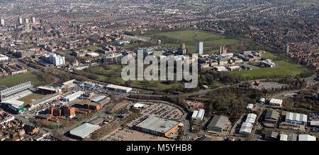 Vue aérienne de l'Université de Leicester & Wyggeston et La Reine Elizabeth I College, UK Banque D'Images
