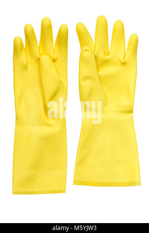 Gants de vaisselle ou coupé isolé sur un fond blanc. Gants en caoutchouc jaune. Banque D'Images