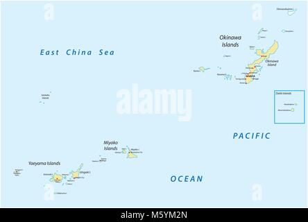 Carte vectorielle détaillée de l'île japonaise d'Okinawa Miyako et groupes, Îles Yaeyama, Japon Illustration de Vecteur