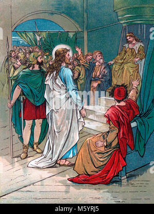 Jésus comparaissant devant Ponce Pilate. Illustration de l'histoire d'un enfant "de la Bible" par Mary Lathbury, publié en 1898. Banque D'Images